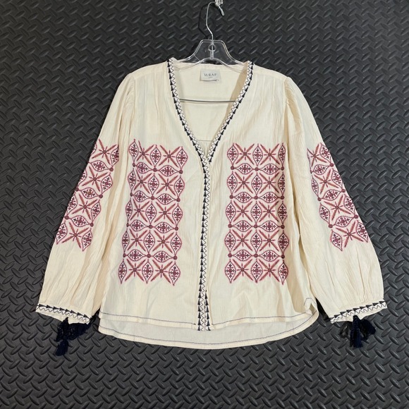 WRAP London Cream Red Embroidered Tassel  Bohemian Peasant Top Blouse Women's 8 - Picture 1 of 9
